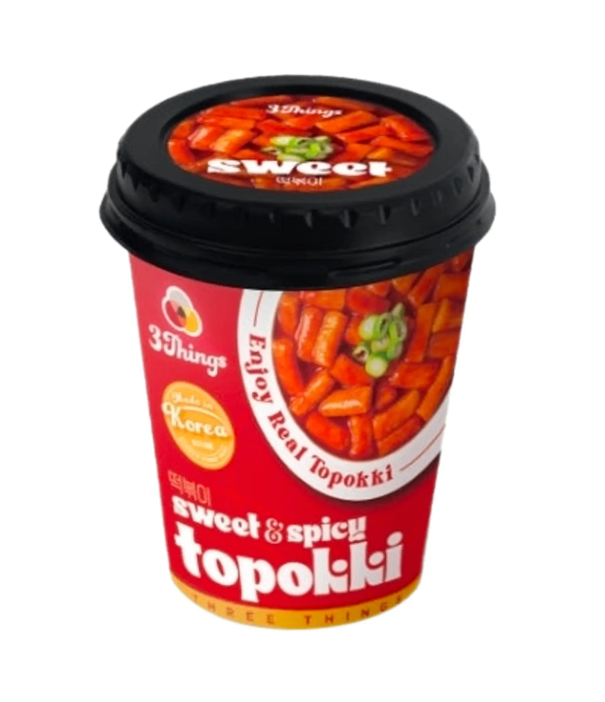 Red cup with black lid featuring '3 Things' brand and topokki branding on a white background