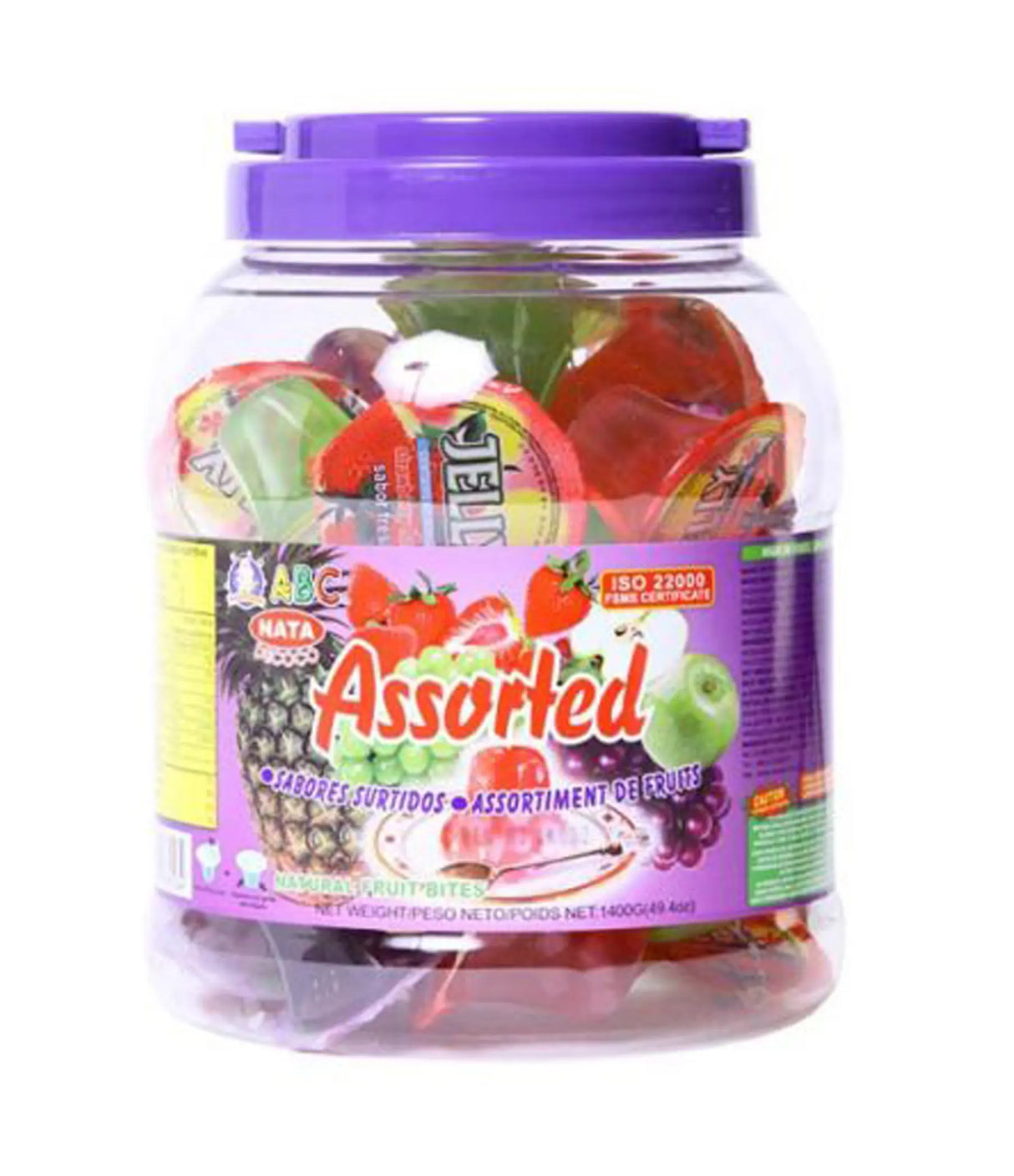 A plastic jar containing assorted colorful jelly candies with labels indicating the product is from Taiwan.