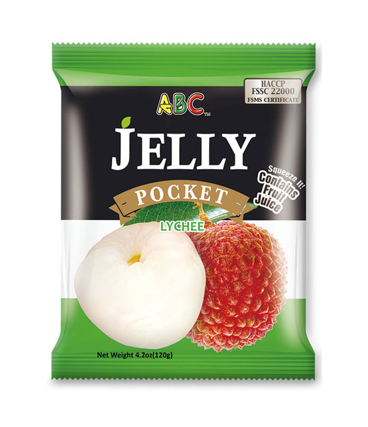 A package of ABC brand lychee flavored jelly pocket, weighing 120g, with the product visible through a clear window on the packaging.