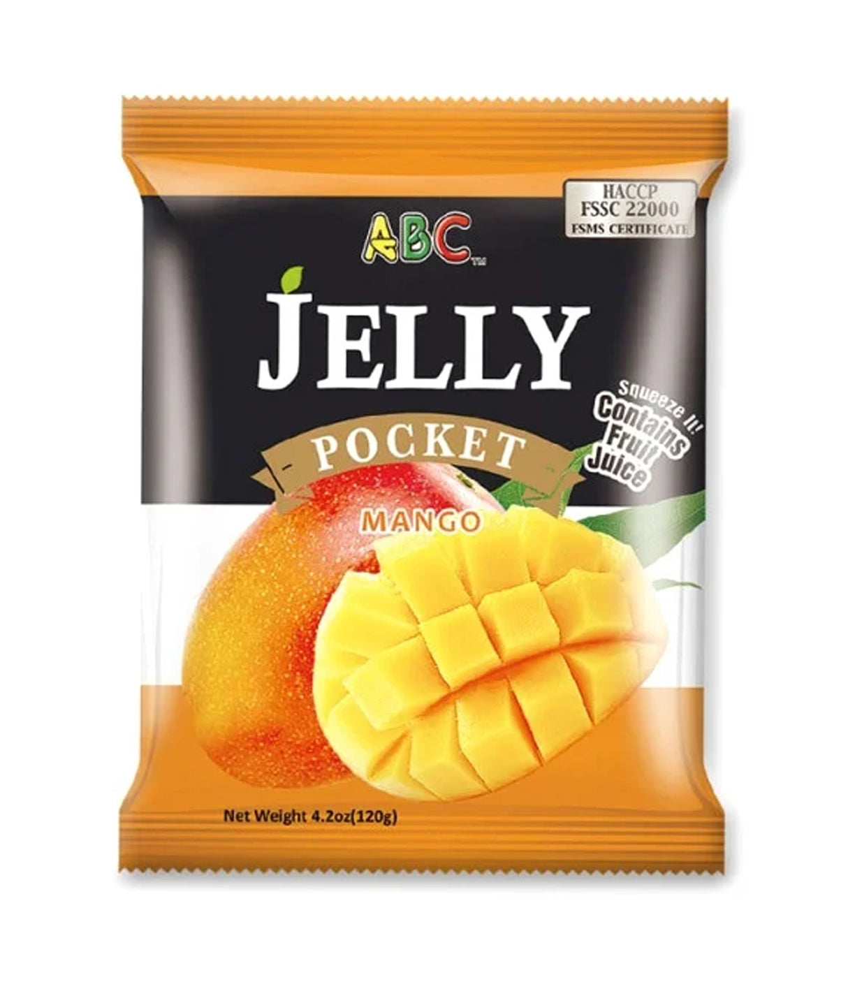 Packaging of ABC Jelly Pocket with mango flavor, showing the product name, weight, and an image of a mango.