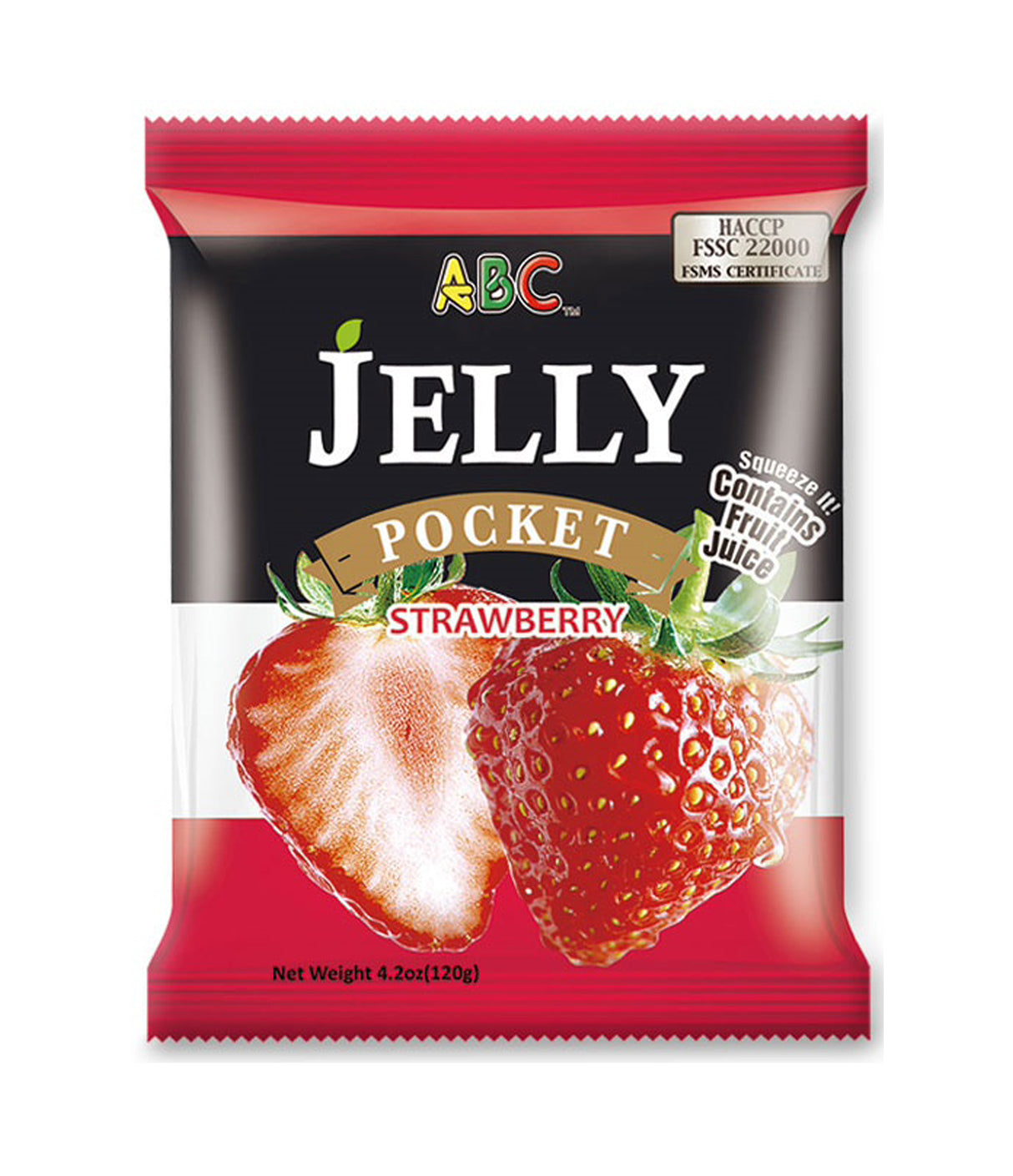 A package of ABC brand Jelly Pocket with strawberry flavor, showing an image of a strawberry and the product visible through a clear window.