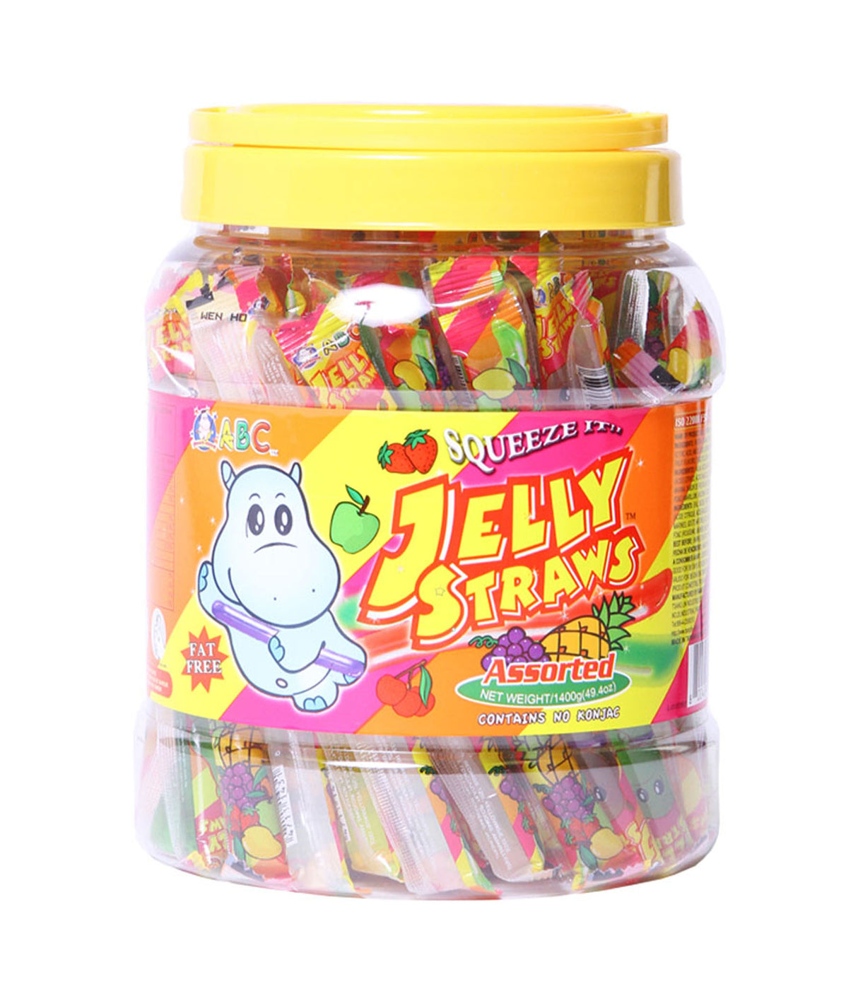 A plastic jar filled with colorful jelly straws, with a label featuring a cartoon character and fruit images indicating the flavor.