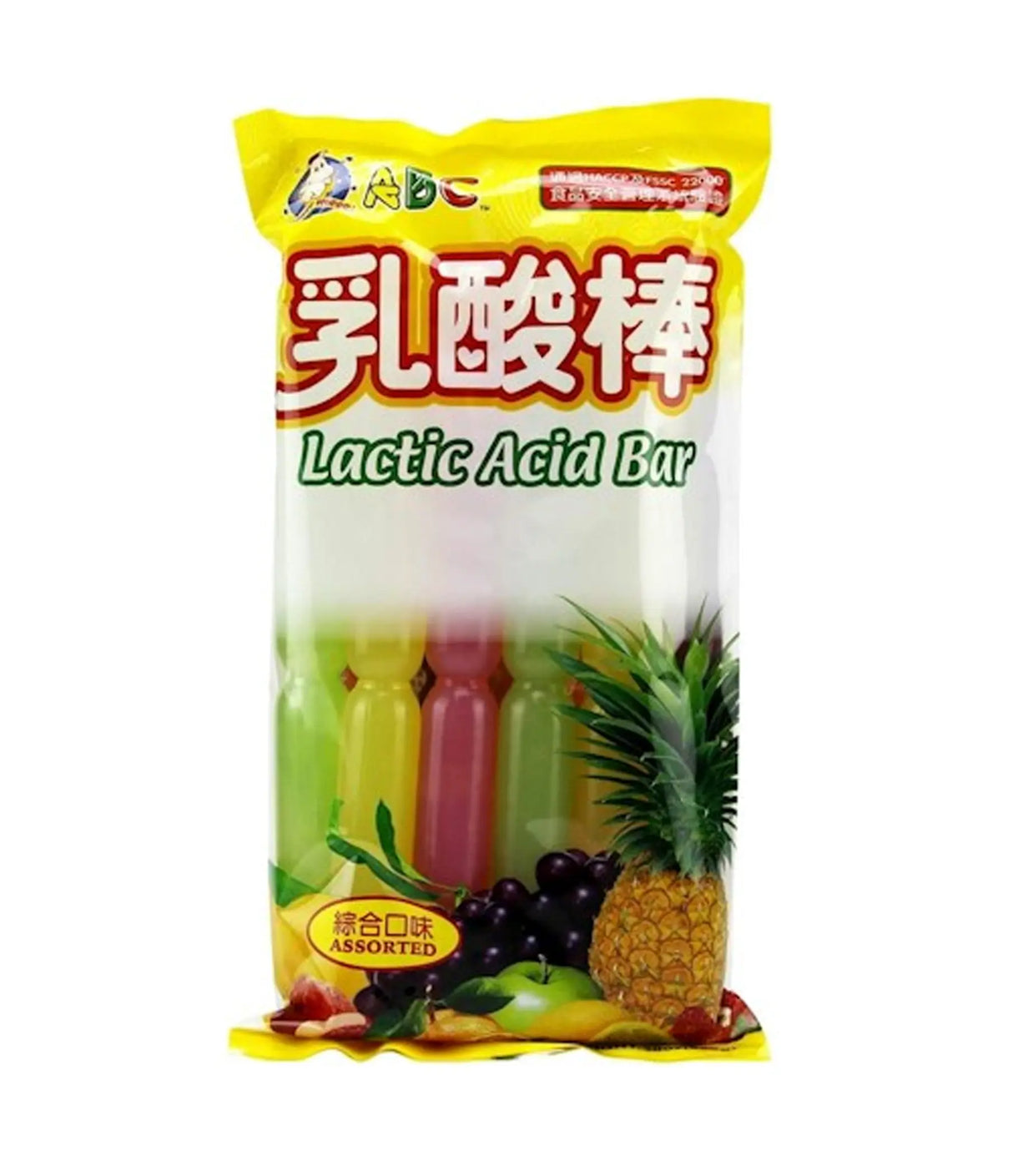 Packaging of ABC Lactic Acid Bar featuring images of the product, fruits, and Chinese characters.