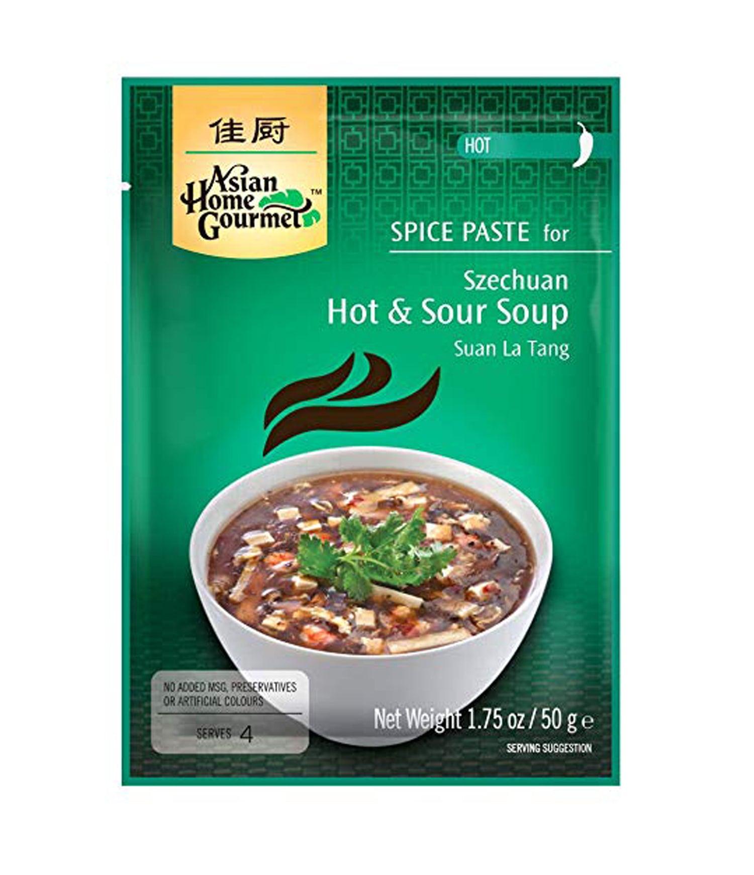 Packaging for Asian Home Gourmet Spice Paste for Szechuan Hot & Sour Soup, showing the product name, weight of 50g, and an image of the soup with vegetables and chili.
