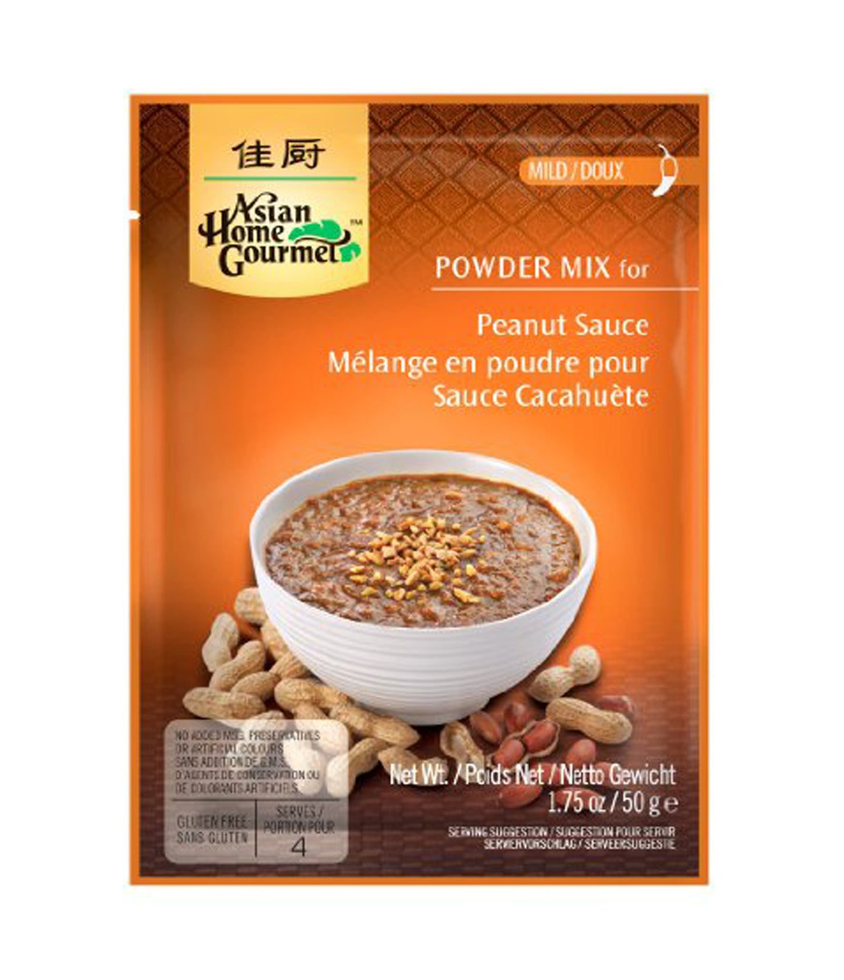 Packaging of Asian Home Gourmet Powder Mix for Peanut Sauce, showing a bowl of peanut sauce, peanuts, and the text 'Product of Thailand'.