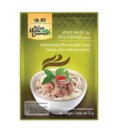Packaging of Asian Home Gourmet Spice Paste for Vietnamese Pho Noodle Soup, showing the product name, weight of 50g, and an image of the soup with noodles and spices.