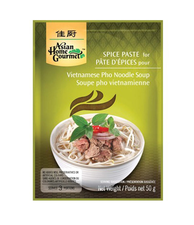 Packaging of Asian Home Gourmet Spice Paste for Vietnamese Pho Noodle Soup, showing the product name, weight of 50g, and an image of the soup with noodles and spices.
