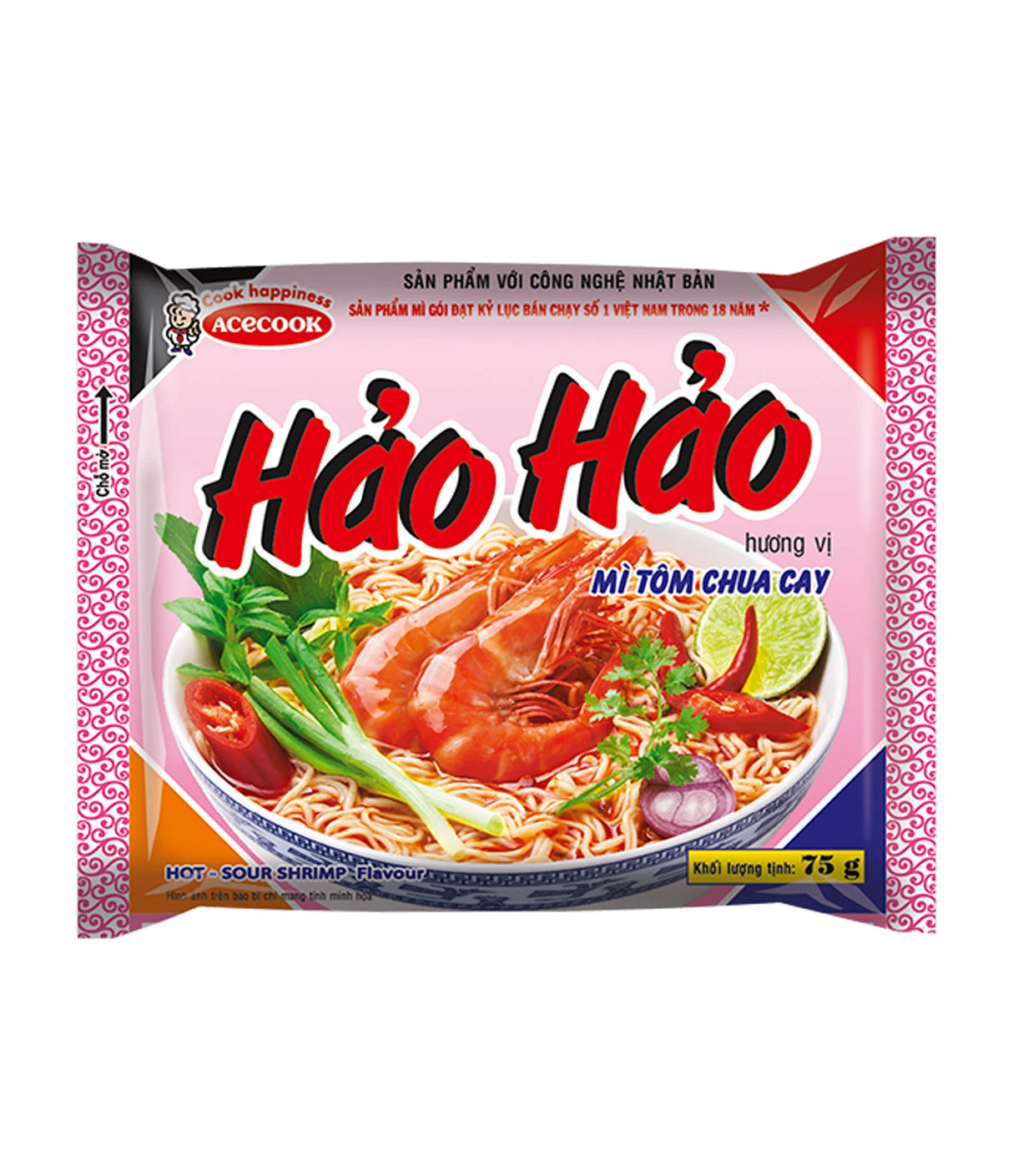 Packaging for Acecook Instant Noodles Hao Hao with Sour-Hot Shrimp Flavour showing the product name, image of the noodles with shrimp, and various decorative graphics.