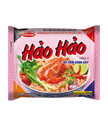 Packaging for Acecook Instant Noodles Hao Hao with Sour-Hot Shrimp Flavour showing the product name, image of the noodles with shrimp, and various decorative graphics.
