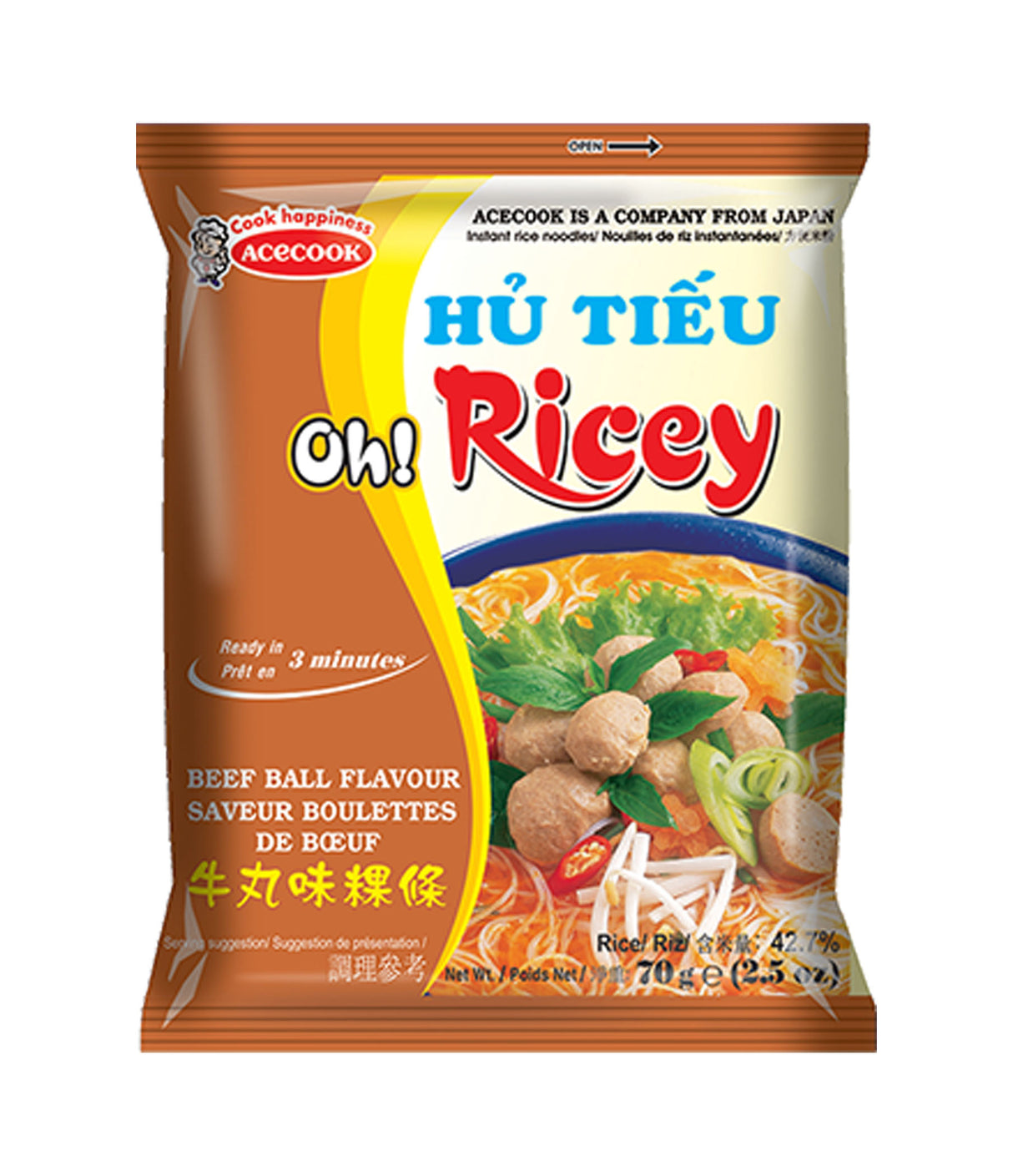 Acecook - Oh! Ricey Instant Rice Noodles (Beef Ball Flavour) 70g