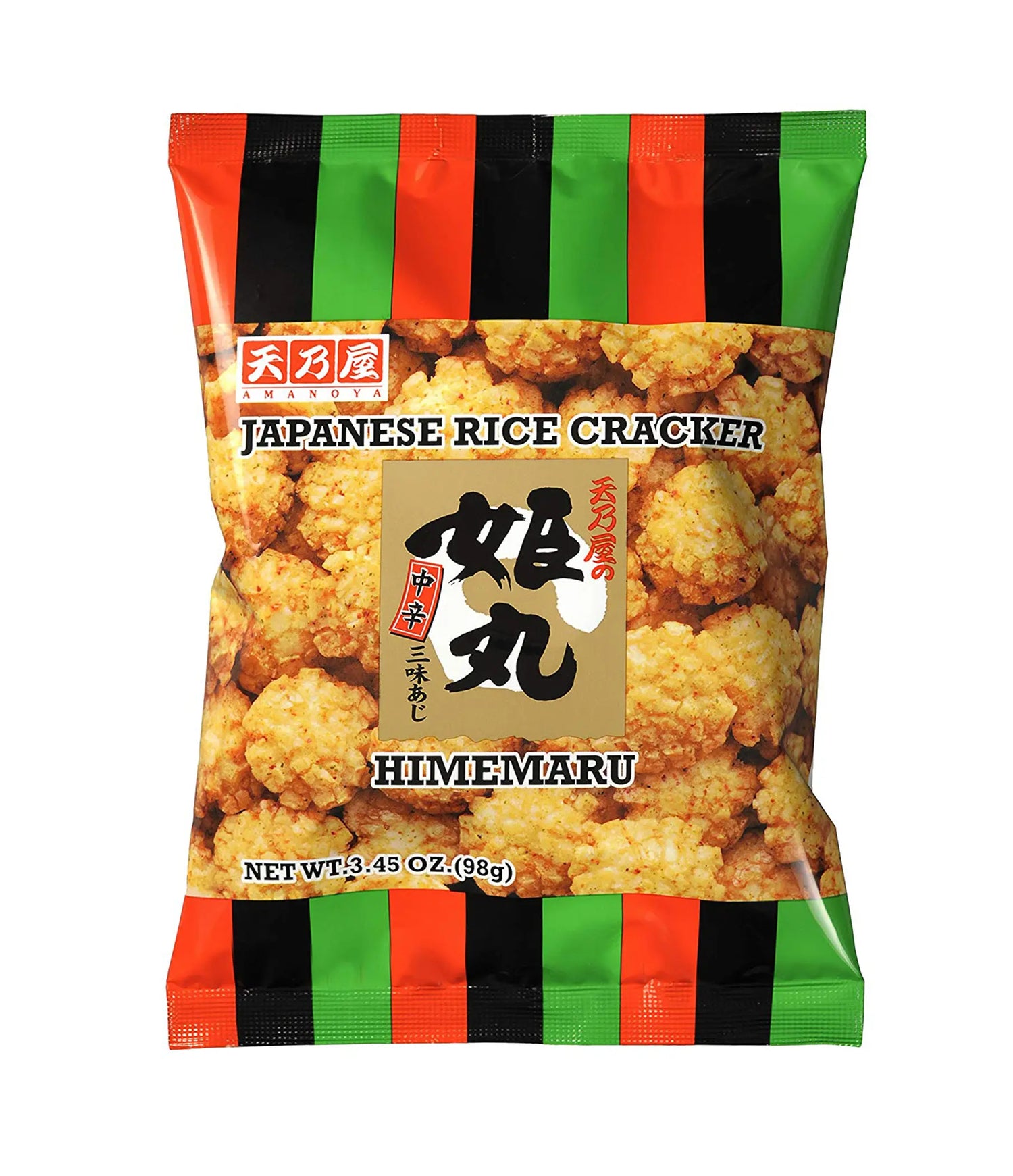 A package of Amanoya Himemaru Japanese Rice Cracker featuring an image of the crackers on the front, with a predominantly black, red, and green color scheme.