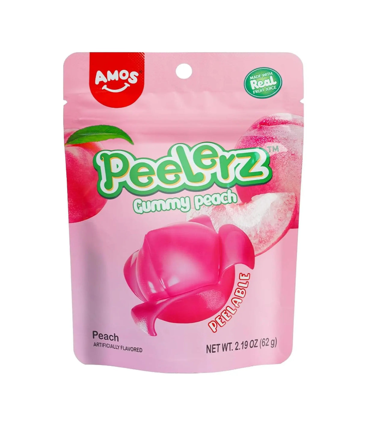 A package of Amos Peelerz Gummy Peach candy, 62g, with a pink color theme and an image of a peach on the front.