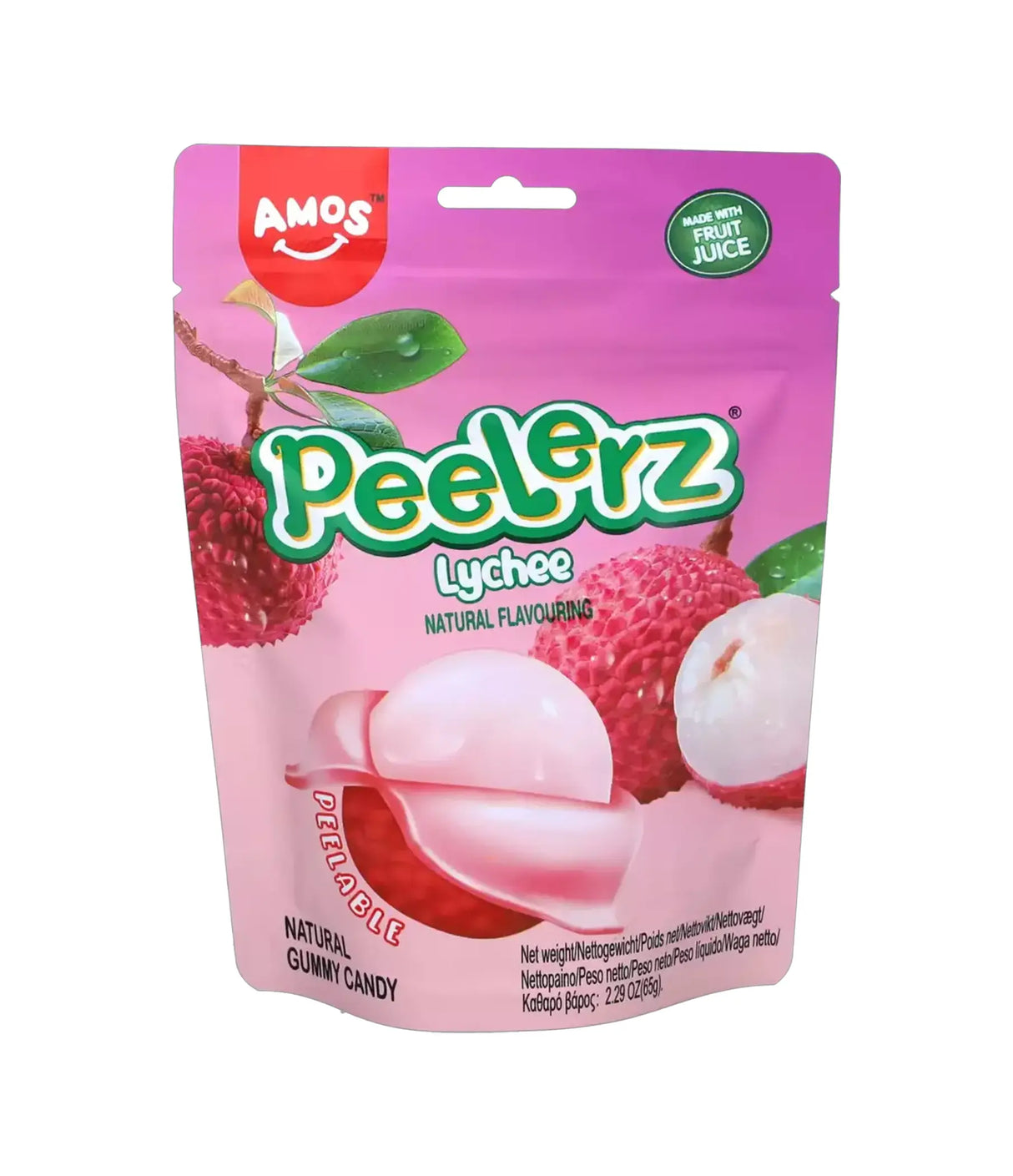 Package of Amos Peelerz Lychee gummy candy on a white background
