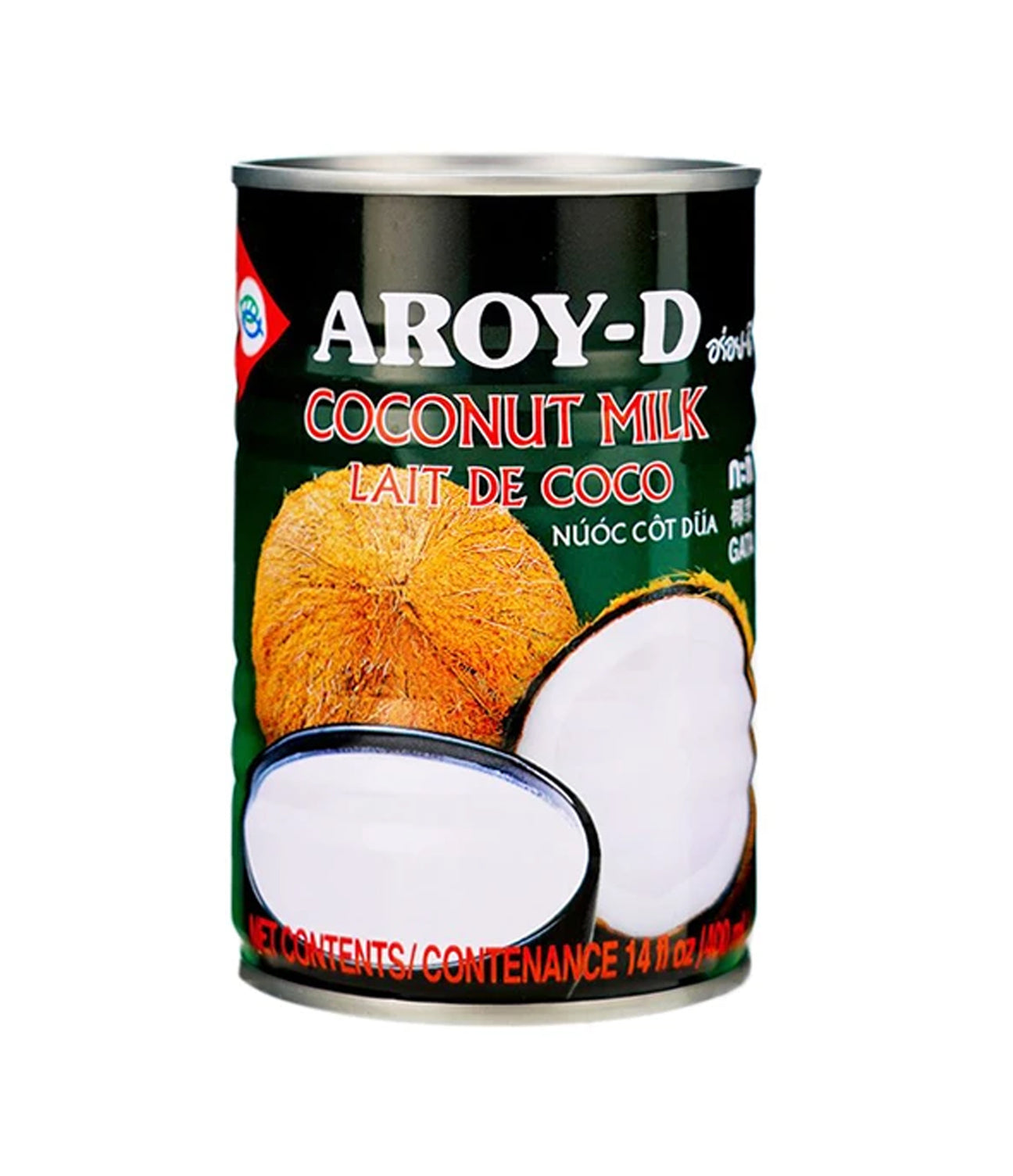A can of Aroy-D Coconut Milk, 400ml, with an image of a coconut on the label.