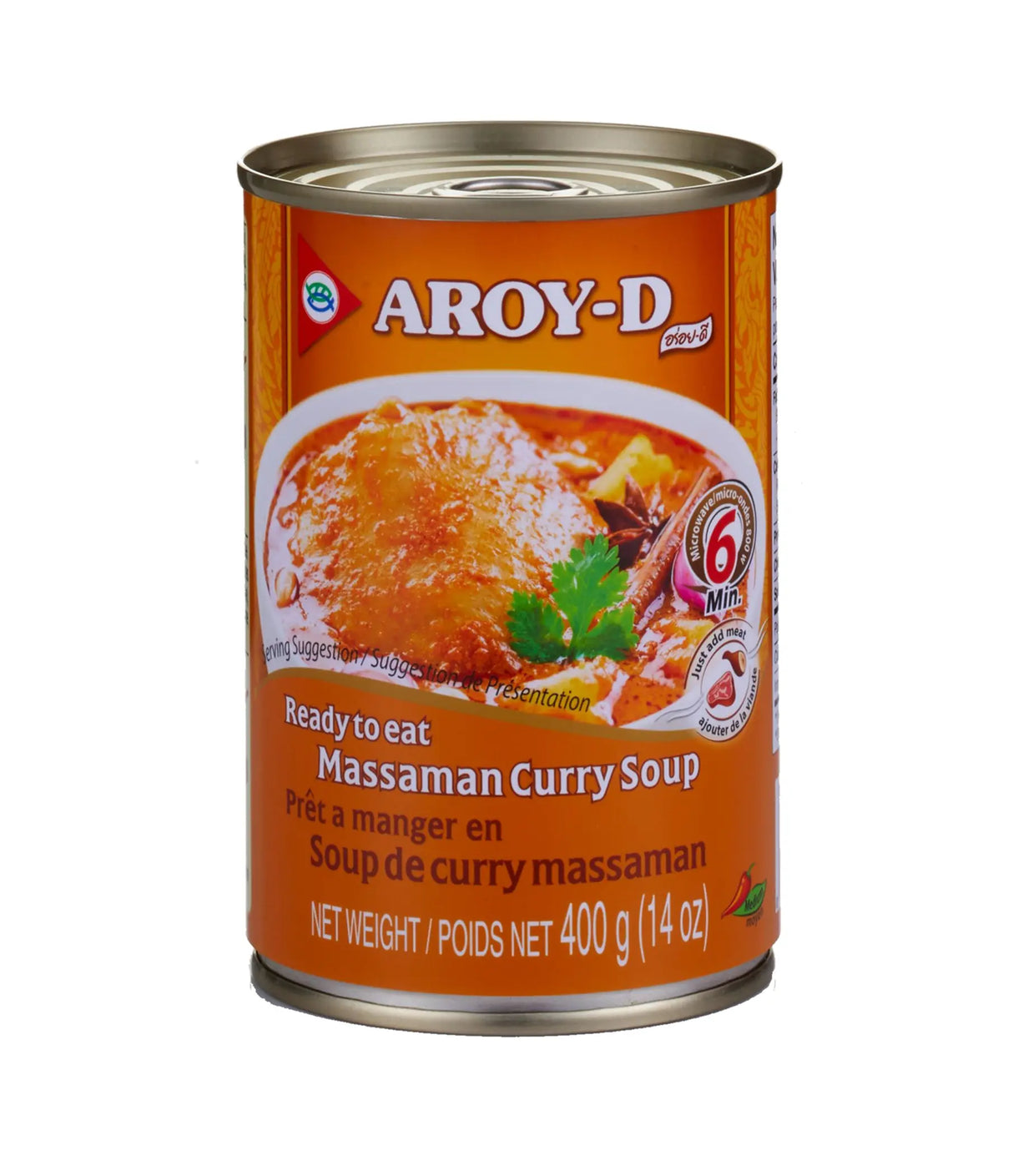 A can of Aroy-D Massaman Curry Soup 400g, with an image of the soup on the label, indicating it is ready to eat.