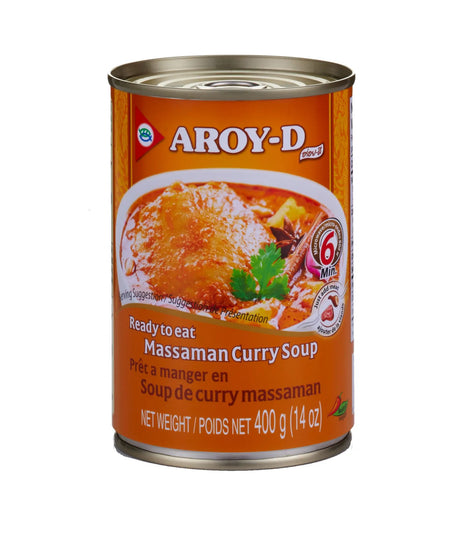 A can of Aroy-D Massaman Curry Soup 400g, with an image of the soup on the label, indicating it is ready to eat.