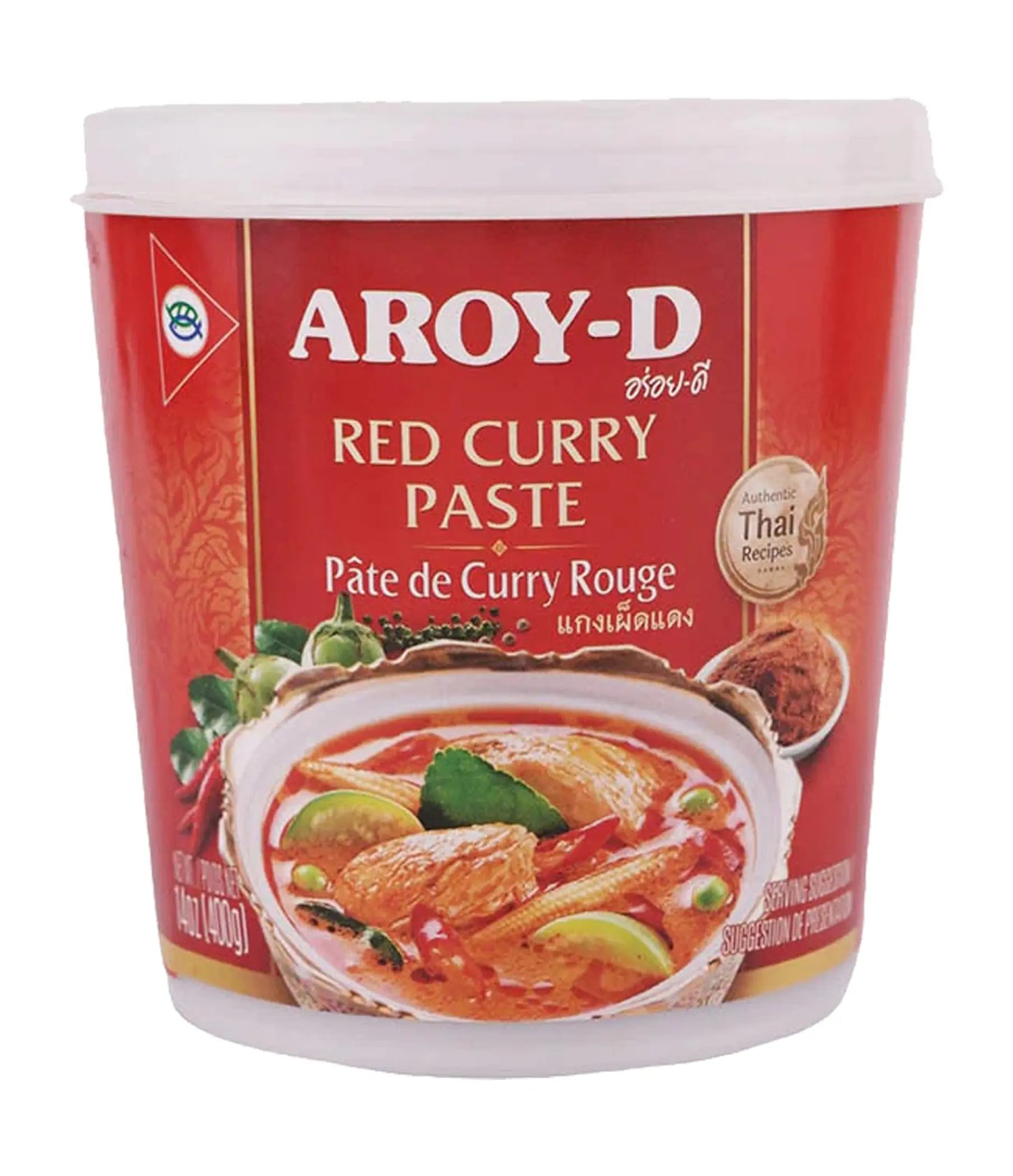 A container of Aroy-D Red Curry Paste with a picture of a bowl of red curry on the label, indicating the product is Thai.
