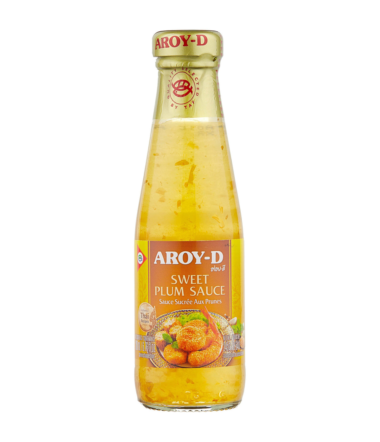 A bottle of Aroy-D Sweet Plum Sauce with a yellow label, product of Thailand, 300ml.
