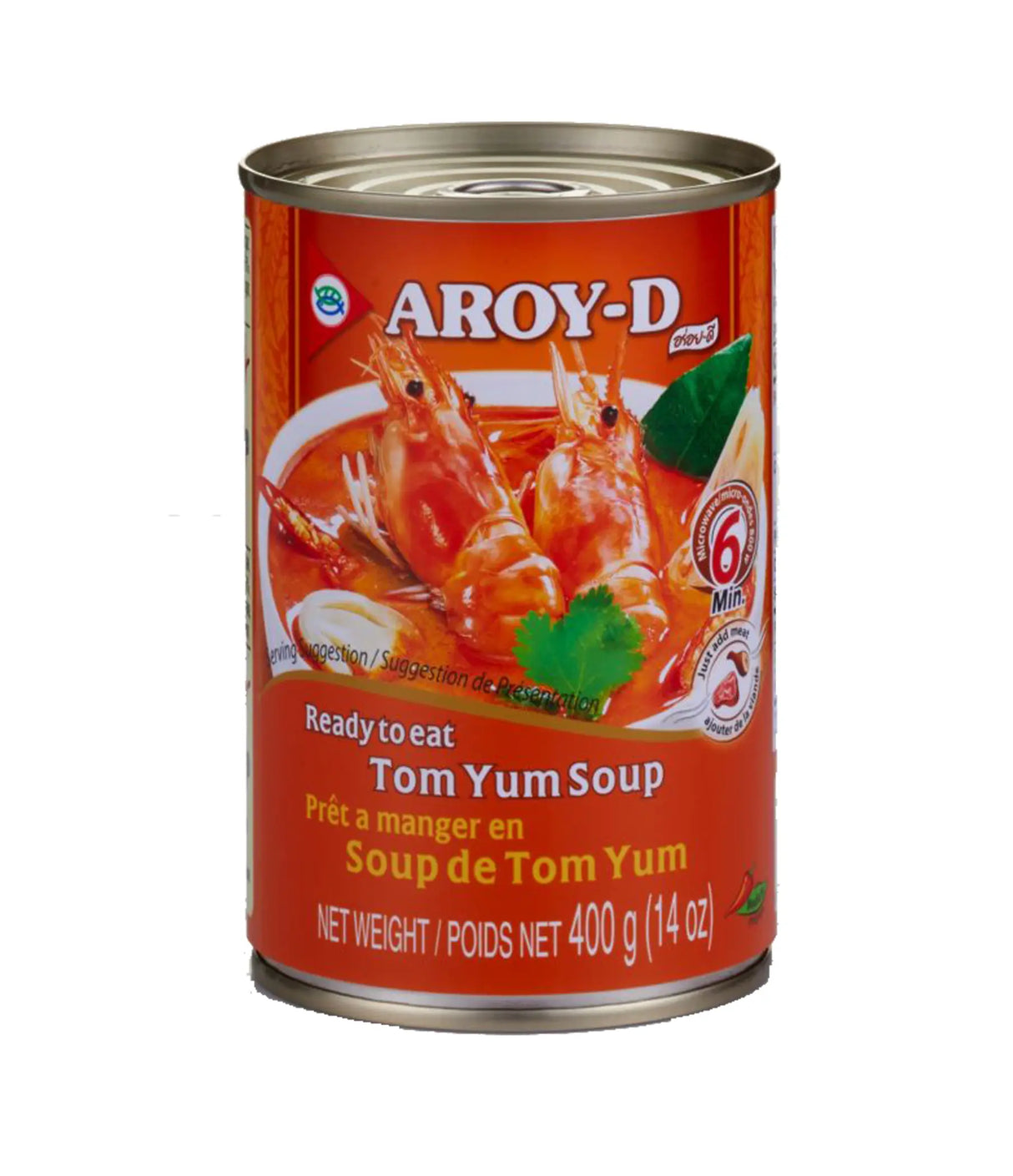 A can of Aroy-D Tom Yum Soup 400g, with an illustration of a shrimp on the label, indicating the product is a ready-to-eat soup.