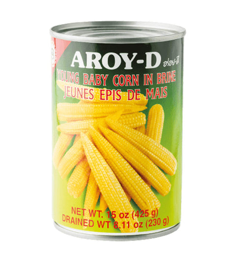 A can of Aroy-D Young Baby Corn in Brine, showing images of corn on the label.