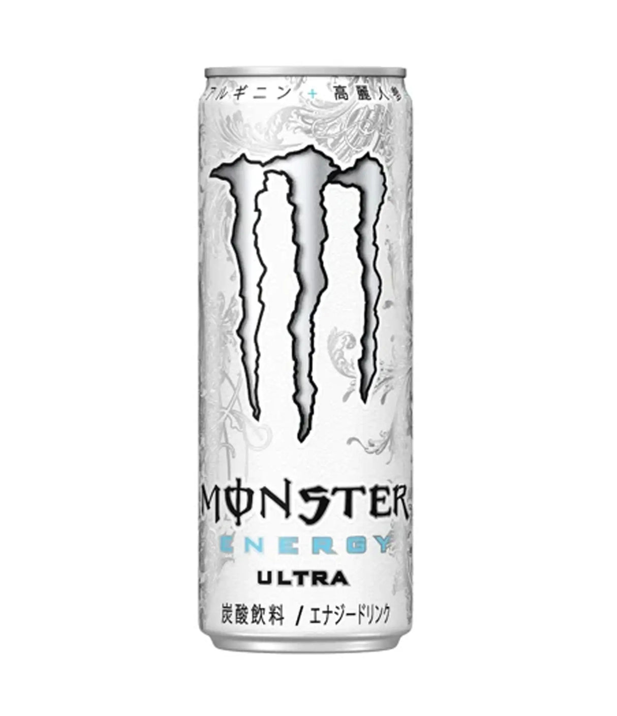 A single can of Monster Energy Ultra drink on a plain white background. The can is predominantly white with a large black claw logo and light blue 'ENERGY ULTRA' text.