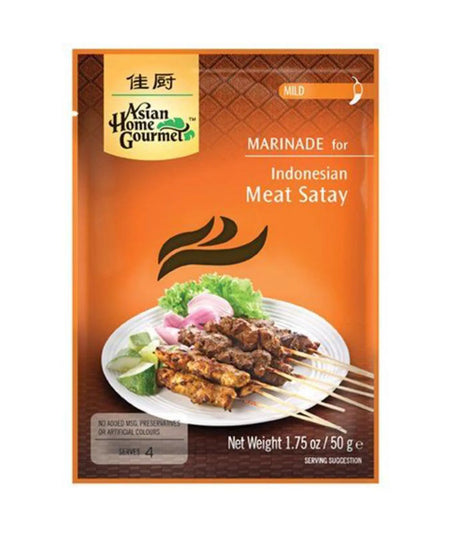 Packaging for Asian Home Gourmet Marinade for Indonesian Meat Satay, showing the product name, weight of 50g, and an image of meat satay on a plate.