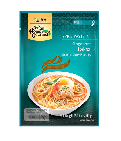 Packaging of Asian Home Gourmet Spice Paste for Singapore Laksa Coconut Curry Noodles featuring an image of the dish on the front.