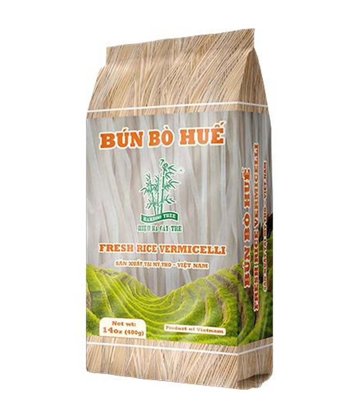 A bag of Bòn Bò Hué Fresh Rice Vermicelli, featuring a design with a grayish-brown background showing cooked rice strands, orange text, a green terraced field illustration, and light brown rice vermicelli strands visible at the top and bottom.