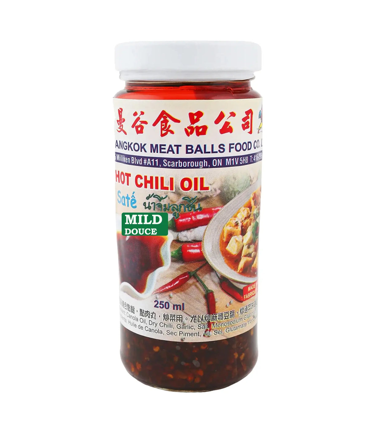A bottle of Angkok Meat Balls Food Co. Hot Chili Oil (Soté Saté) Mild Douce, 250 ml, featuring a white cap and a label with red and blue text, chili peppers, and a bowl of chili-infused meatballs.