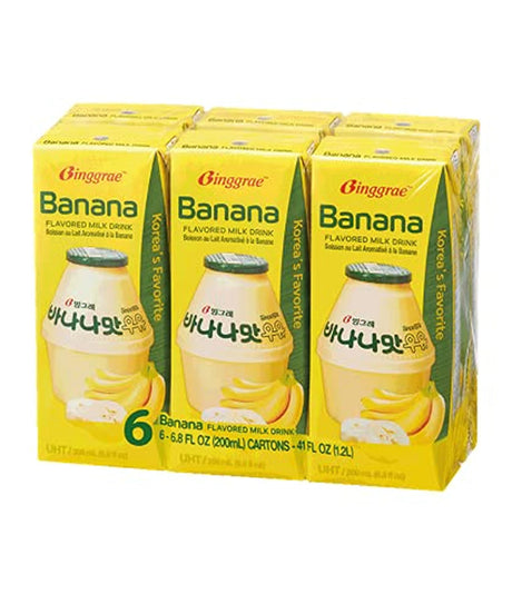Six cartons of Binggrae Banana Flavored Milk Drink, each with a yellow and green label featuring an image of a banana.