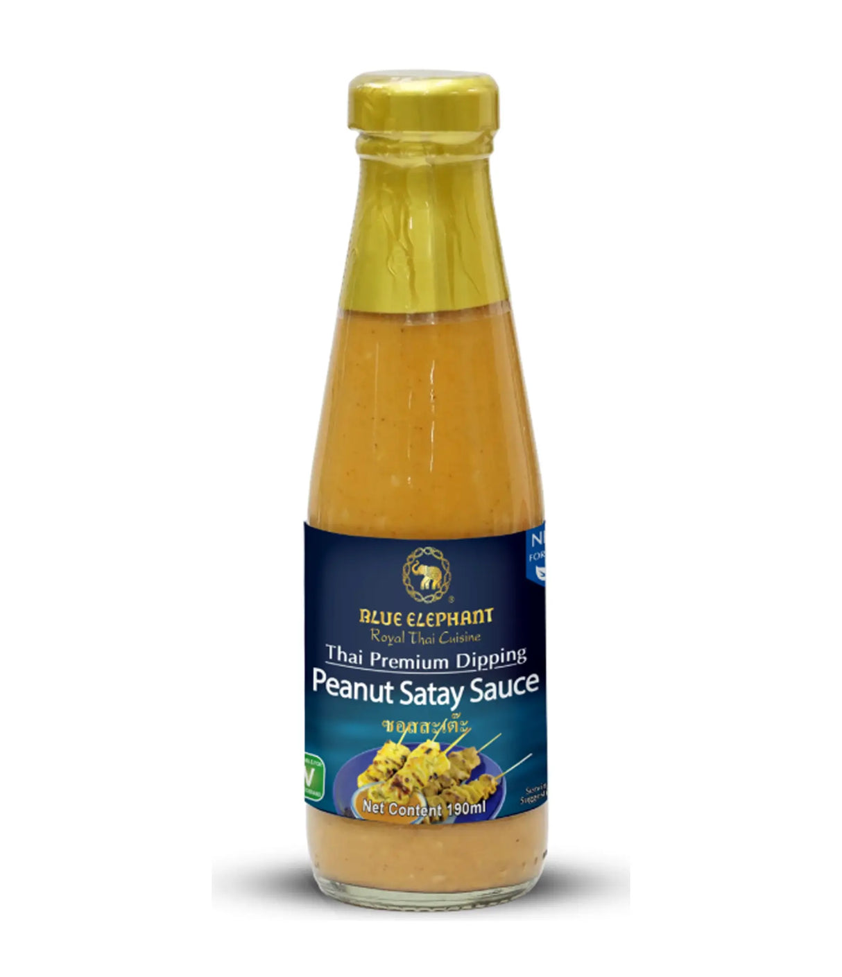 Bottle of Blue Elephant Peanut Satay Sauce on a white background
