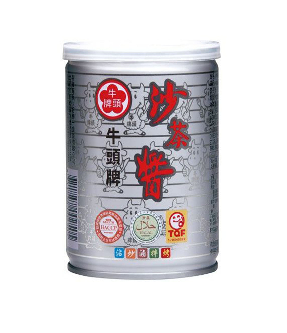 A can of Bull Head Barbecue Sauce with Chinese characters and various certification logos displayed on the label.