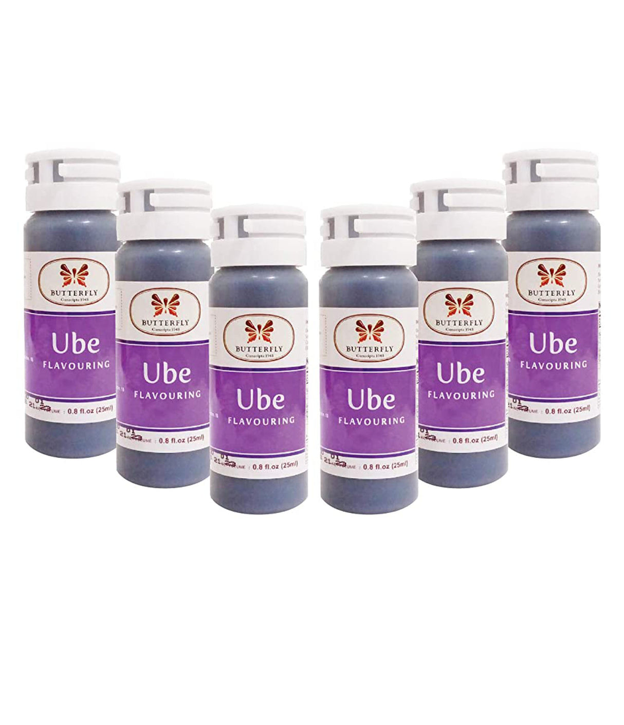 Six bottles of Butterfly Ube Flavouring Extract Paste, each labeled with the brand name, product name, and the word 'Ube'. The bottles are arranged side by side against a white background.