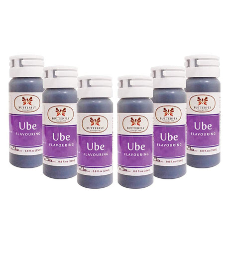 Six bottles of Butterfly Ube Flavouring Extract Paste, each labeled with the brand name, product name, and the word 'Ube'. The bottles are arranged side by side against a white background.