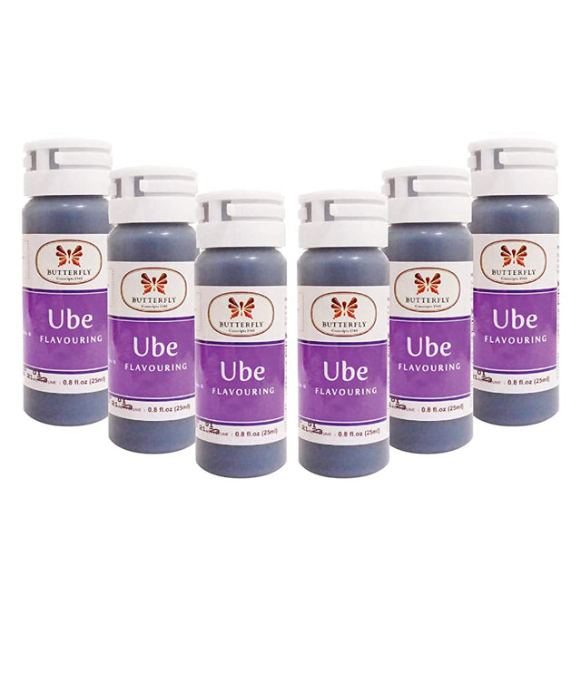 Six bottles of Butterfly Ube Flavouring Extract Paste, each labeled with the brand name, product name, and the word 'Ube'. The bottles are arranged side by side against a white background.