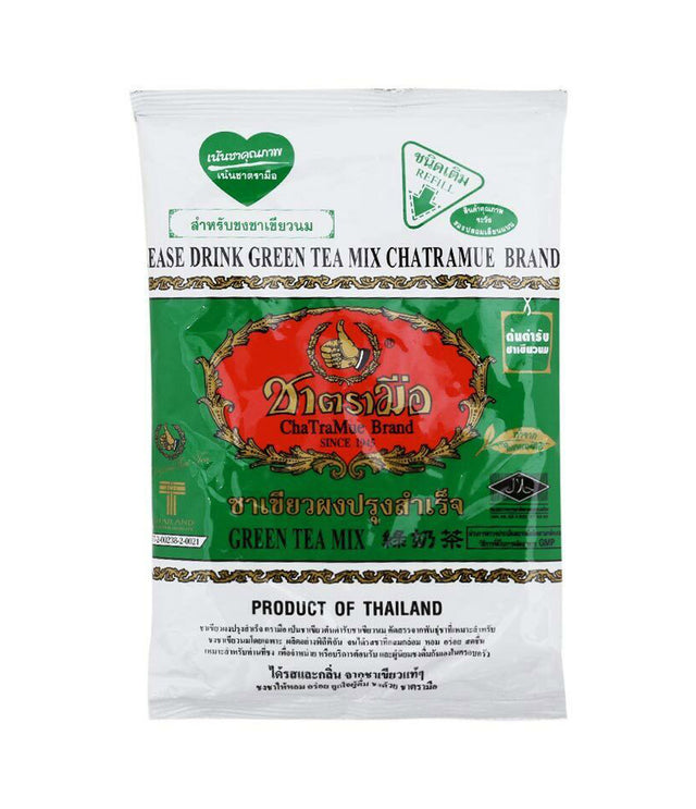 A package of ChaTraMue Brand Green Tea Mix, 200g, with product labels indicating it is a product of Thailand.