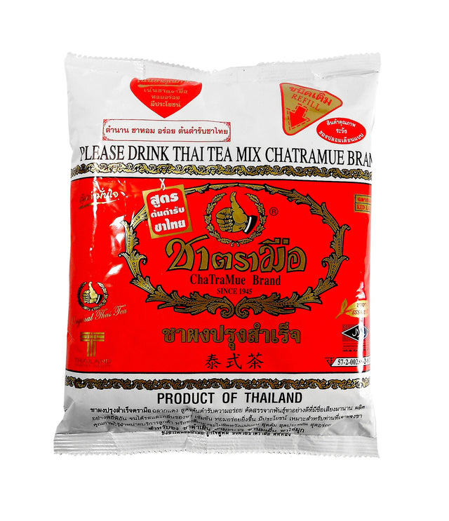 A package of ChaTraMue Brand Thai Tea Mix, 400g, with product labels indicating it is a product of Thailand.