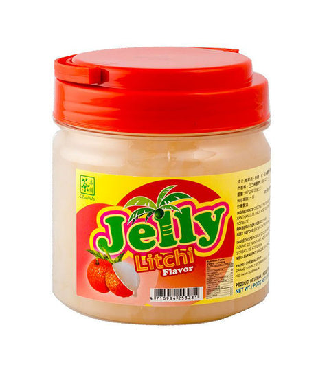 A plastic jar of Chainly Jelly Lychee Flavor, 567g, with a red lid and a label that includes a picture of lychees and Chinese characters.