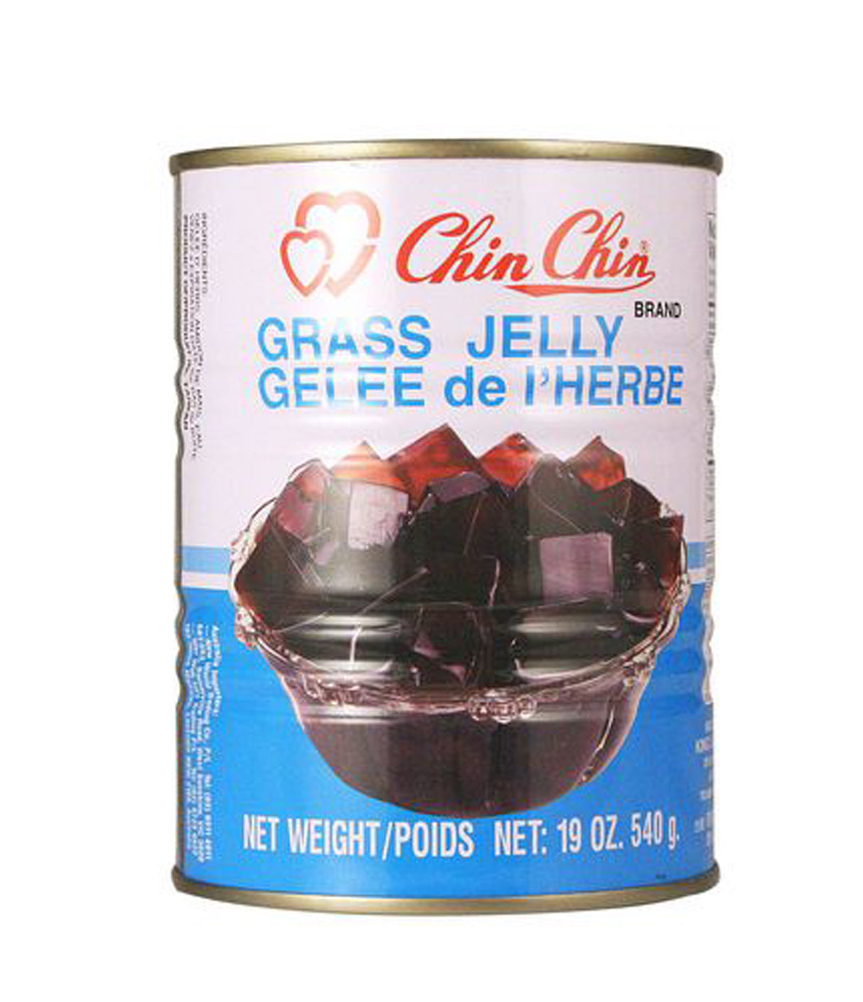 A can of Chin Chin Grass Jelly featuring an image of the jelly product, labeled as halal and healthy.