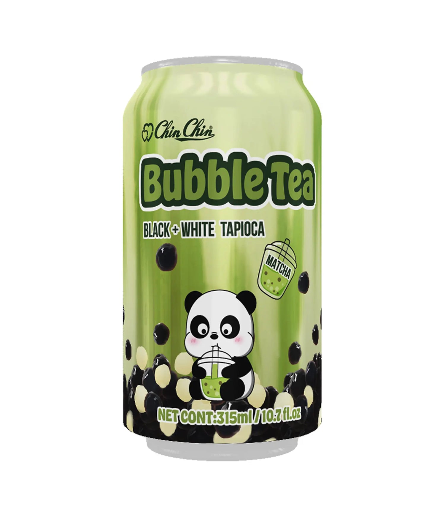 A can of Chin Chin Bubble Tea featuring matcha flavor, with an illustration of a panda holding a bubble and the branding includes dots representing tapioca.