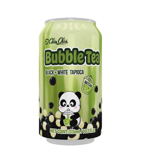 A can of Chin Chin Bubble Tea featuring matcha flavor, with an illustration of a panda holding a bubble and the branding includes dots representing tapioca.
