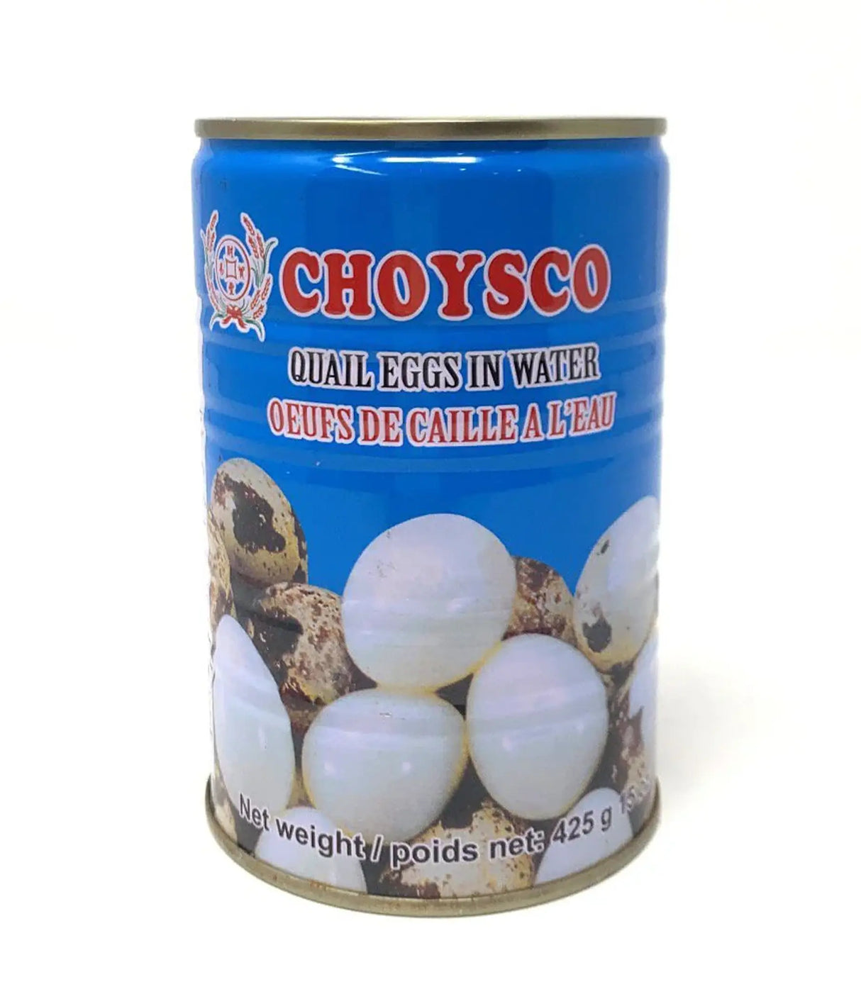 Can of Choysco quail eggs on a white background