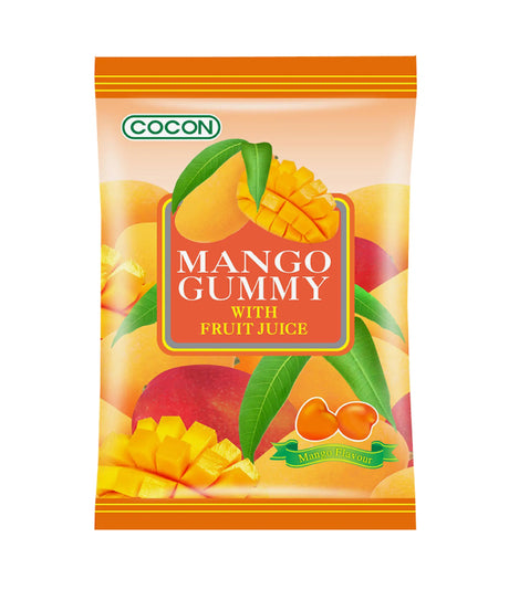 Packaging of Cocon Mango Gummy with Fruit Juice, showing the product name and images of mangoes, gummy candies, and leaves against an orange background.