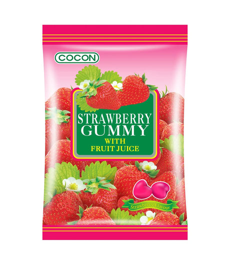 A package of Cocon brand Strawberry Gummy with Fruit Juice. The package is predominantly pink with images of strawberries and gummy candies, and it states the product is made in Malaysia.