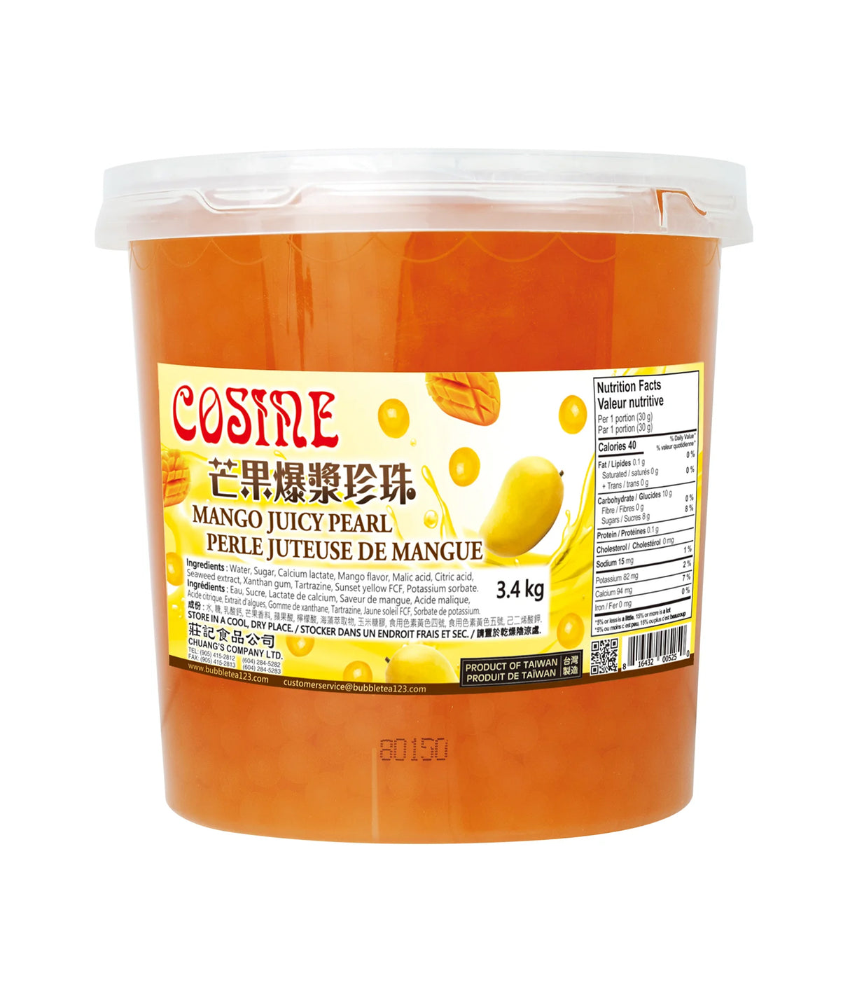 A plastic container of Cosine brand Mango Juicy Pearl, typically used in bubble tea making.