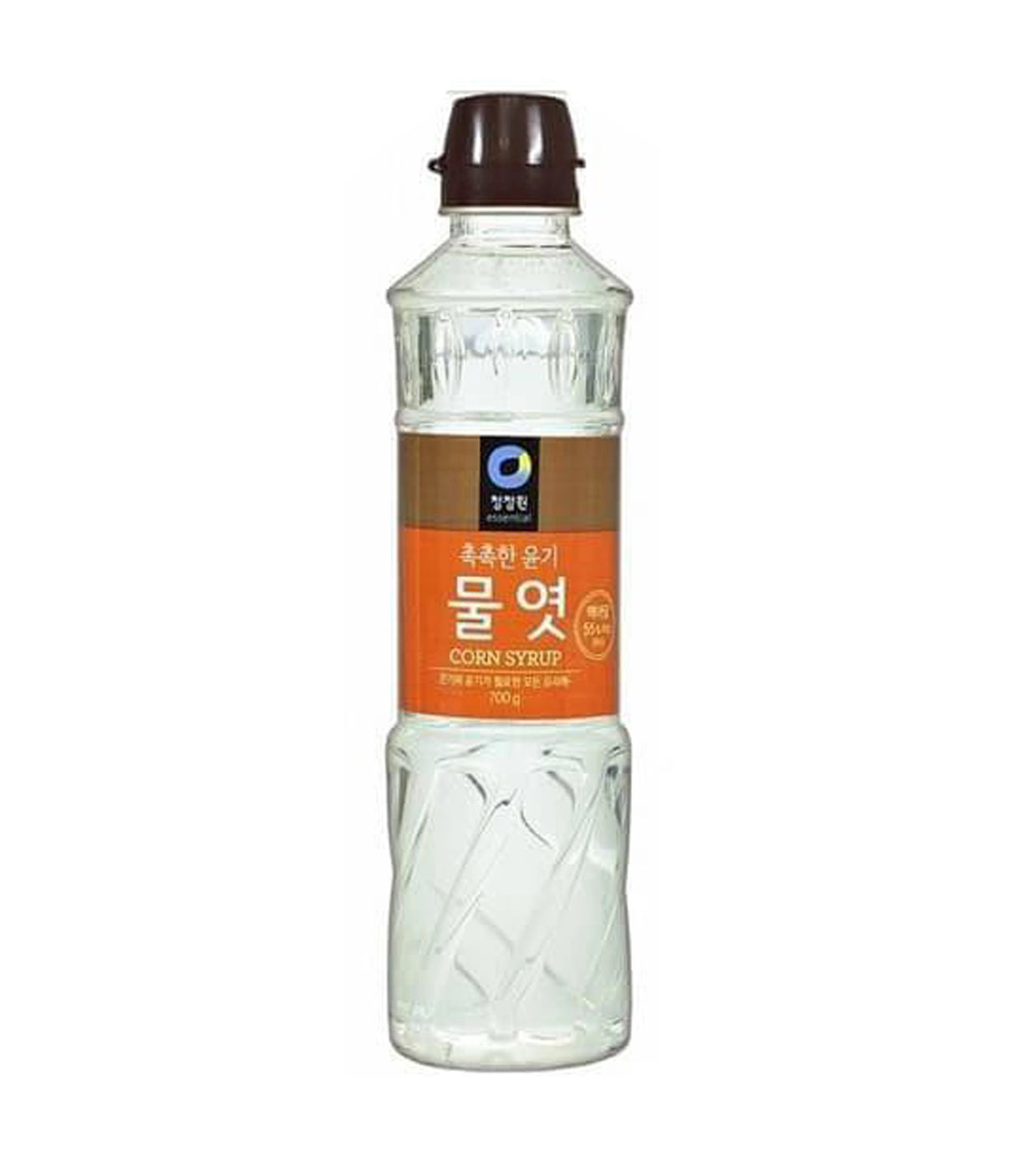 A bottle of Daesang corn syrup with Korean labeling, predominantly clear in color with a white cap.