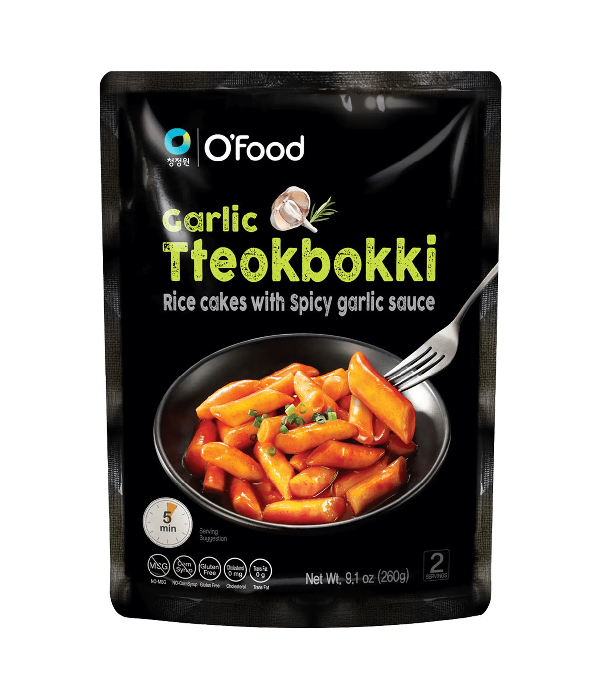Packaged product of Daesang Garlic Tteokbokki, showing rice cakes with spicy garlic sauce in a bowl on the front.