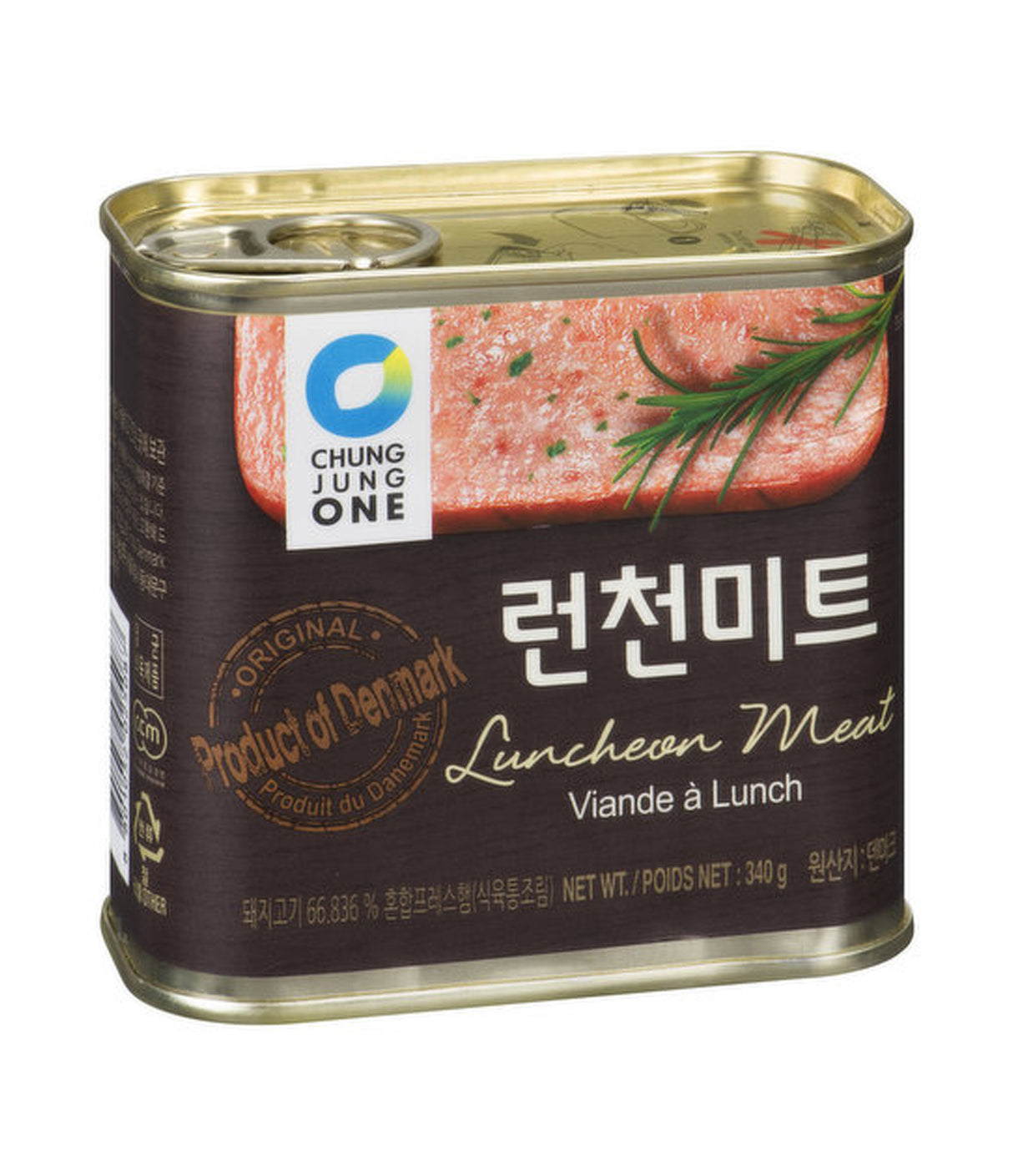 A canned product of Daesang Luncheon Meat 340g, with Korean text indicating it is for luncheon or stew, featuring an image of the luncheon meat and herbs.