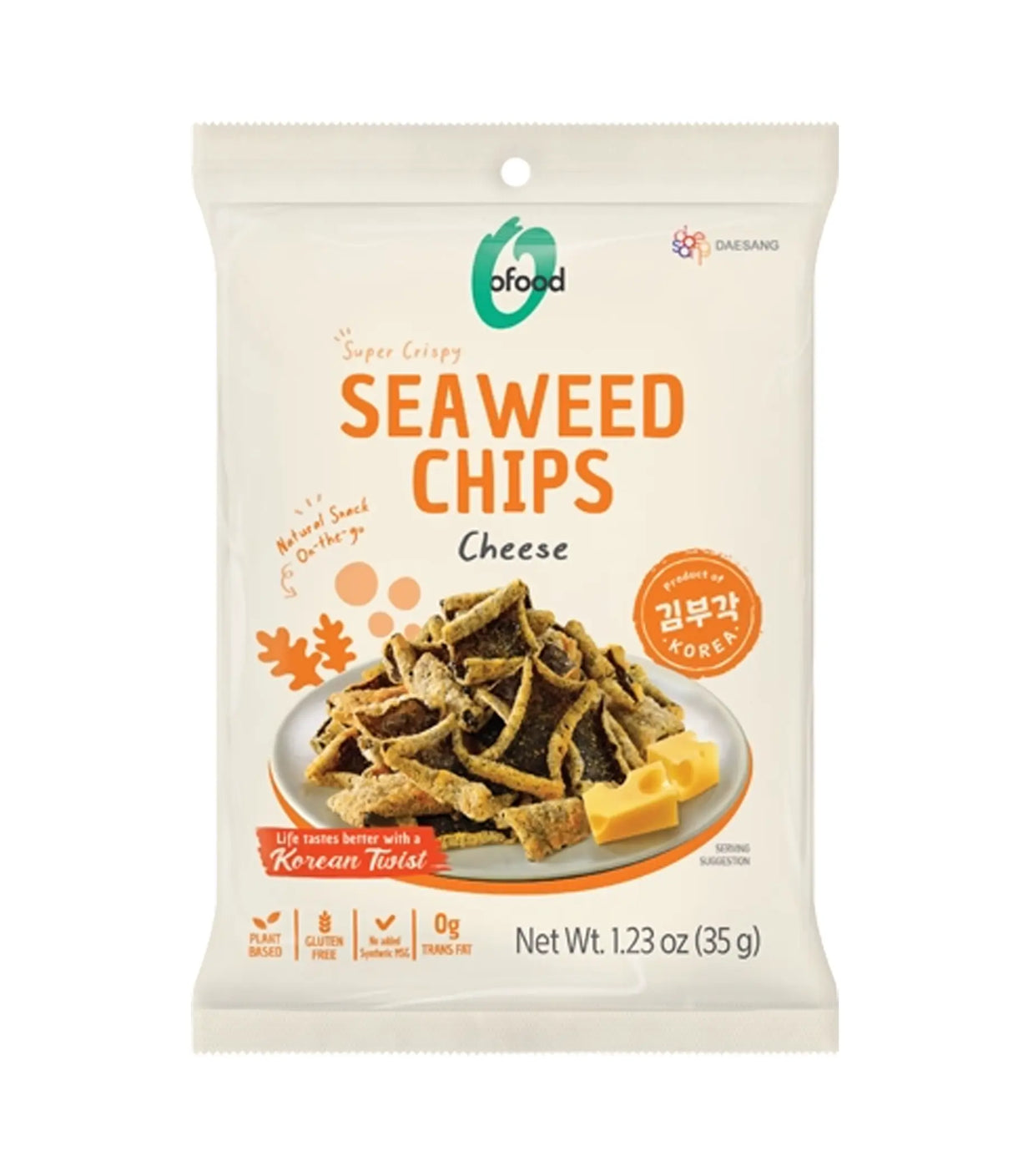 Package of cheese-flavored seaweed chips on a white background