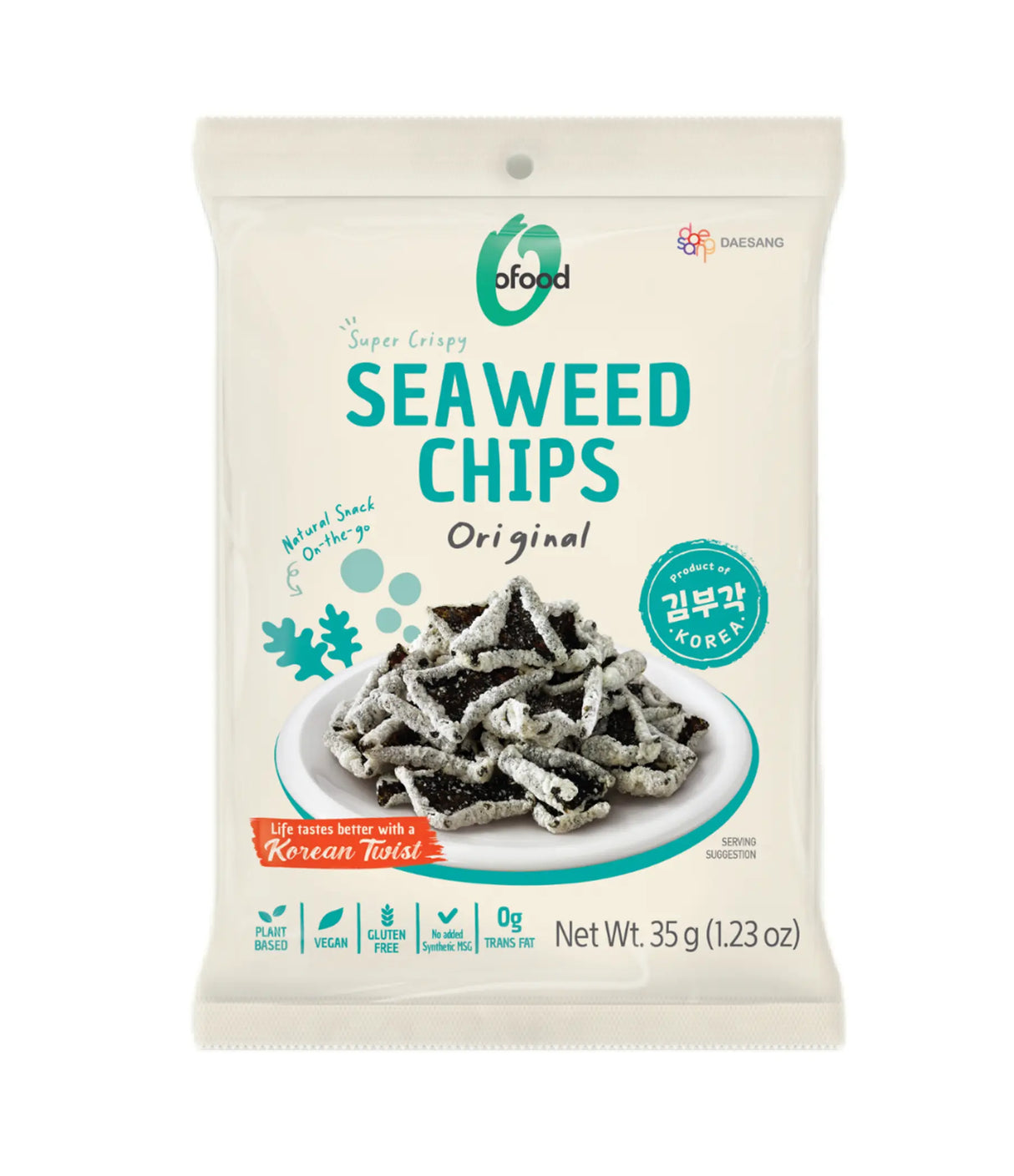Package of seaweed chips with branding and product details on a white background